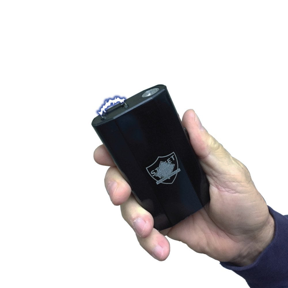 SW 28M 3-N-1 Charger Stun Gun Power Bank Flashlight in hand sparking