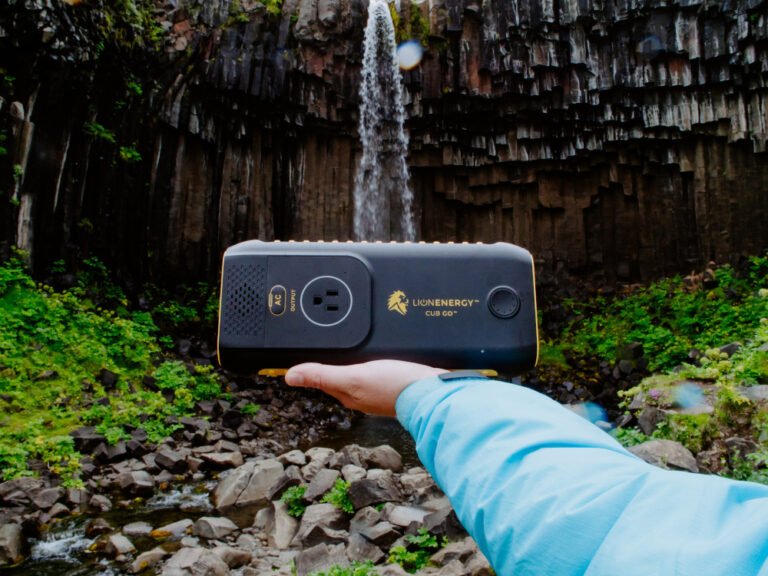 Lion Cub GO Portable Generator in hand by stream